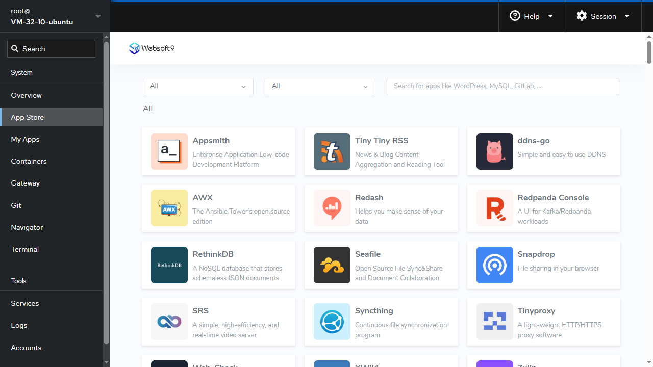 Websoft9 多应用托管平台标准版 (V2.2.2_运维面板-服务器管理) -腾讯云应用市场